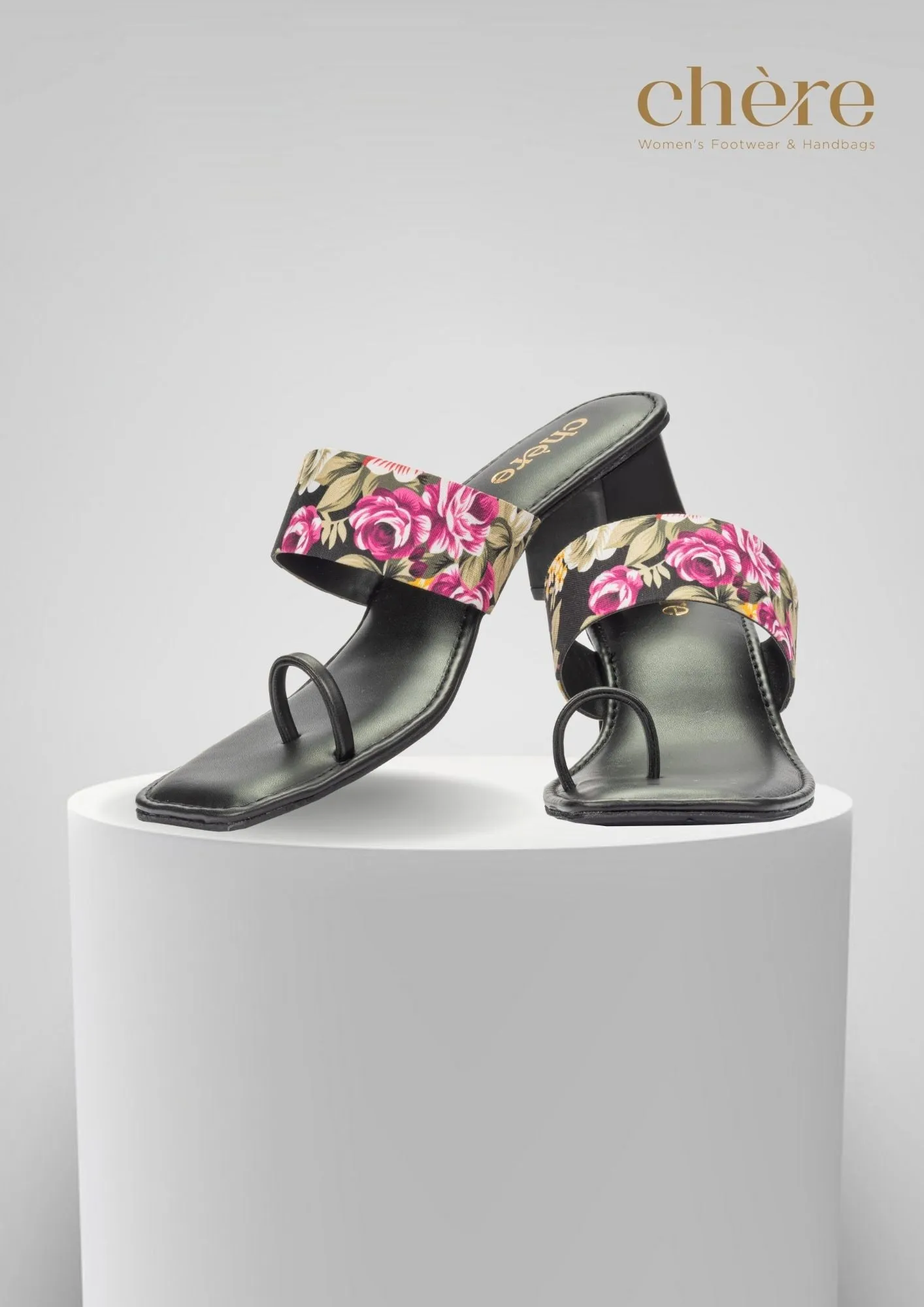 Black Floral Print Casual Block Heels for Women