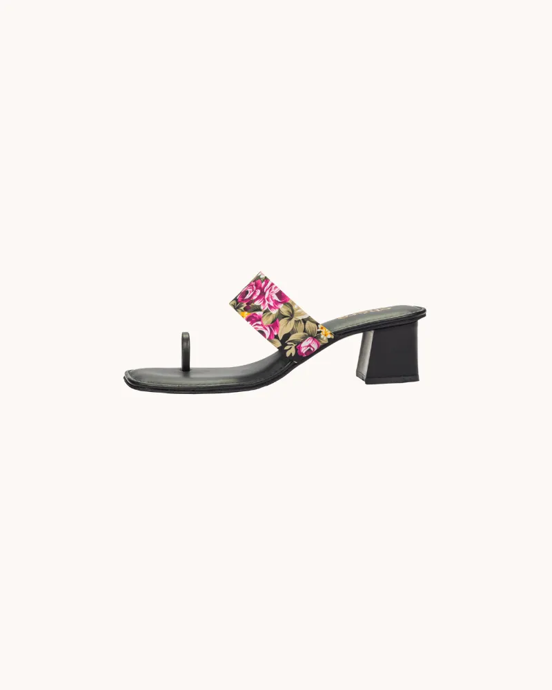 Black Floral Print Casual Block Heels for Women