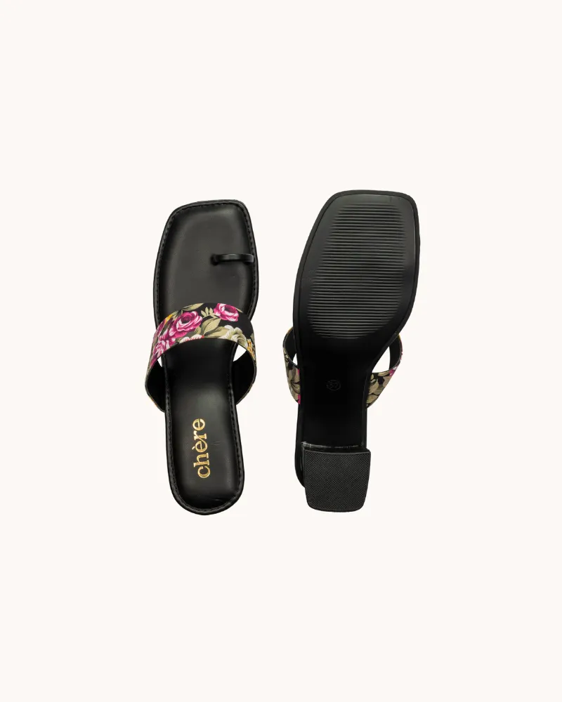 Black Floral Print Casual Block Heels for Women