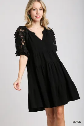 Black Linen Blend Tiered  Dress w/ Fabulous Sleeves