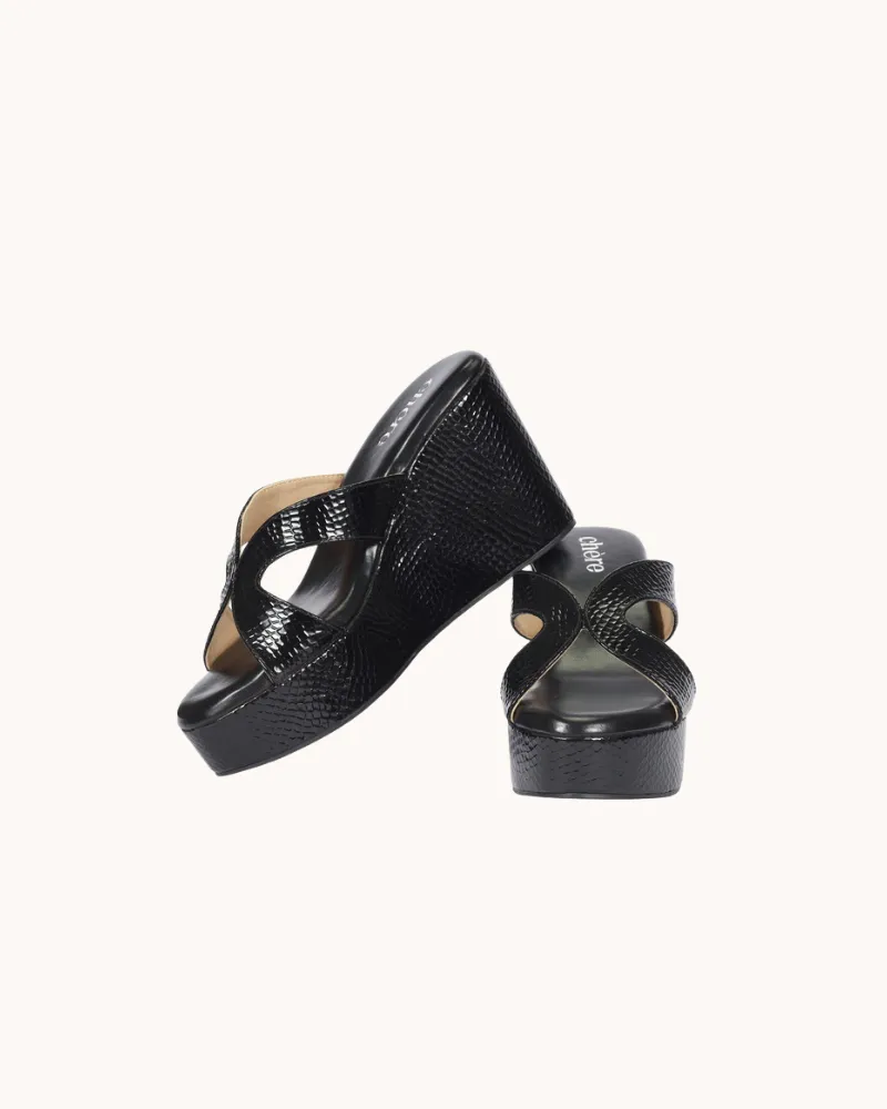 Black Premium Dual Strap High Heel Wedges for Women