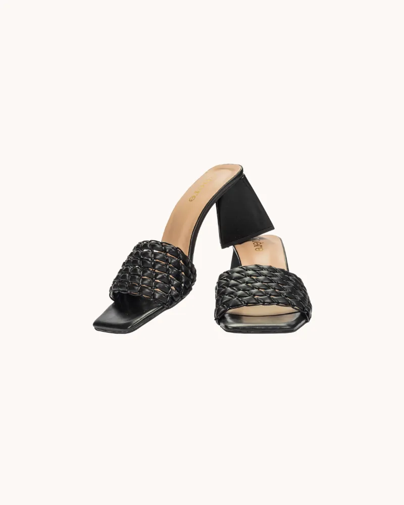 Black Weaving Strap Triangular Block Heels for Women