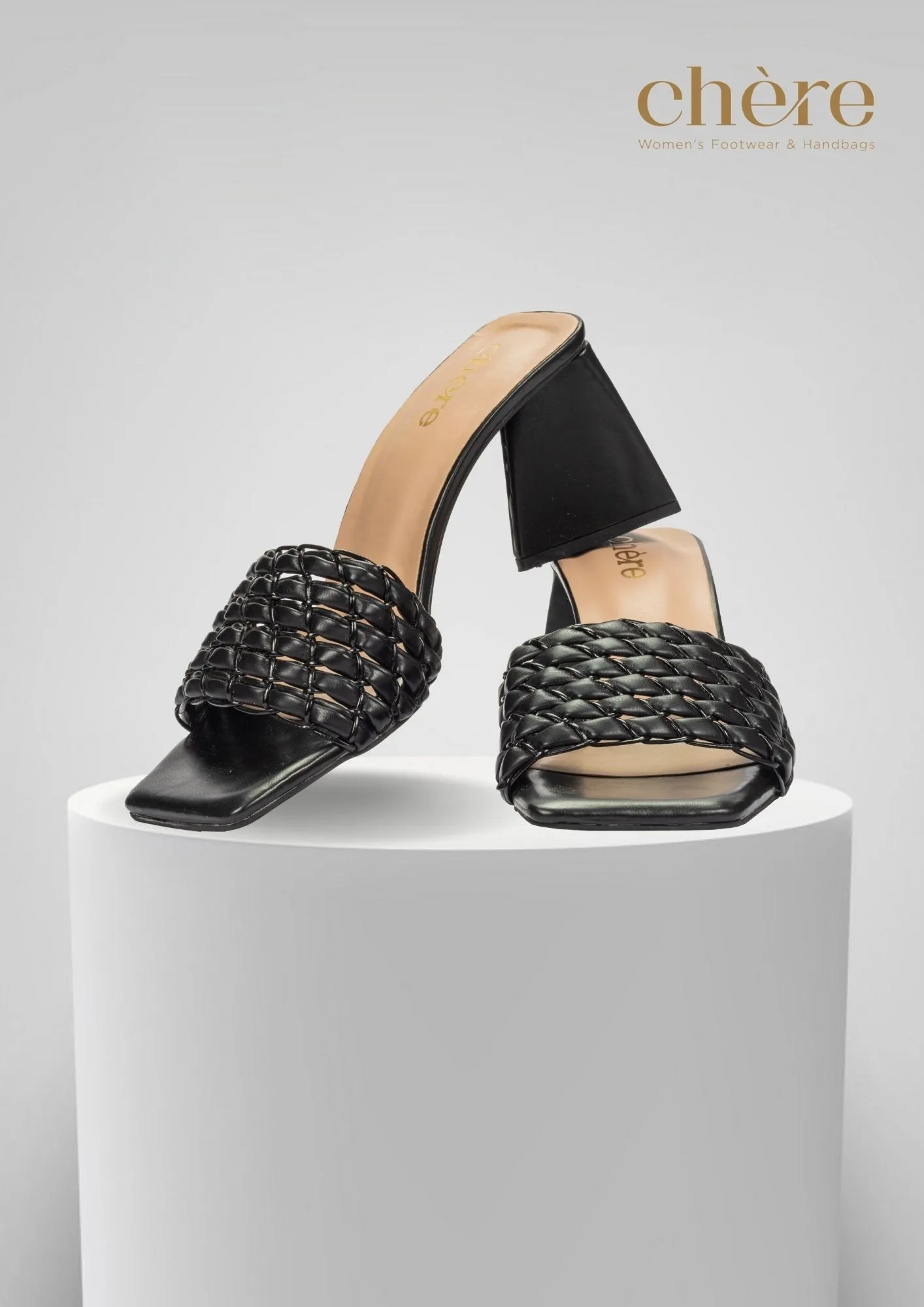 Black Weaving Strap Triangular Block Heels for Women