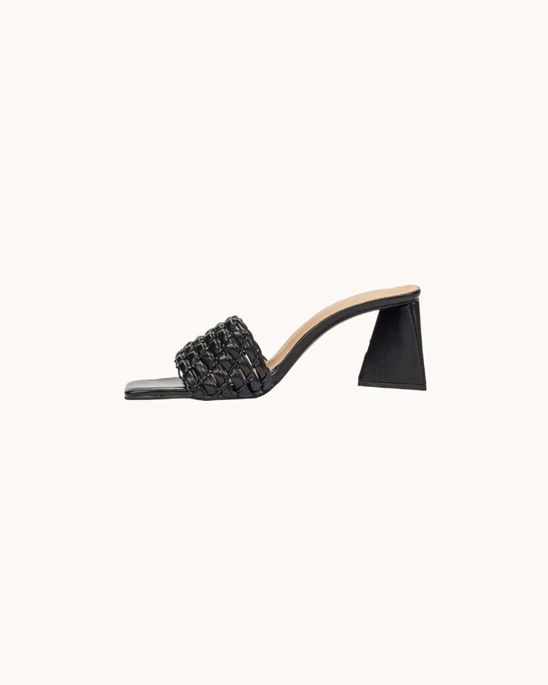 Black Weaving Strap Triangular Block Heels for Women