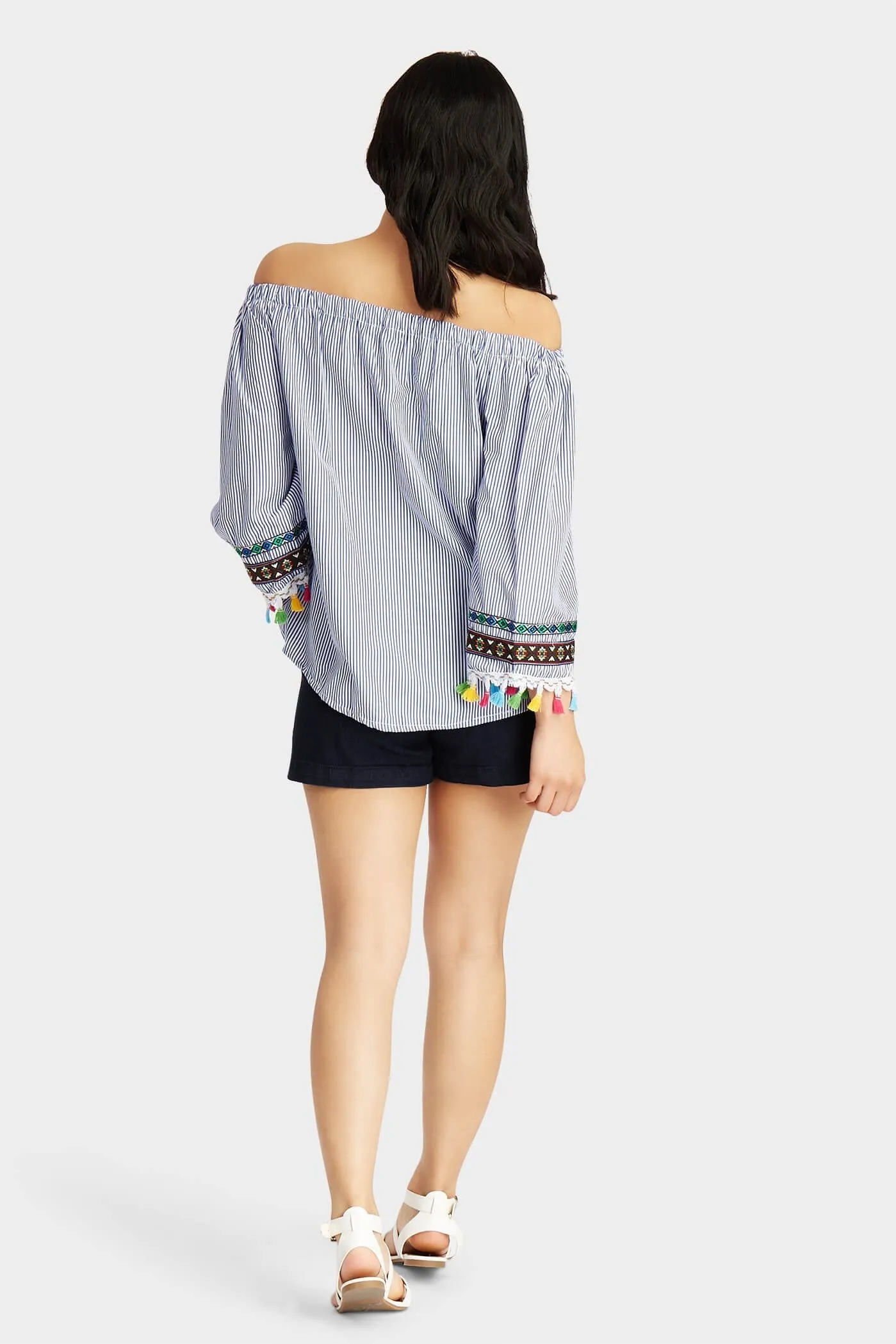 Blue Tassel Sleeve Detail Woven Top