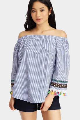 Blue Tassel Sleeve Detail Woven Top