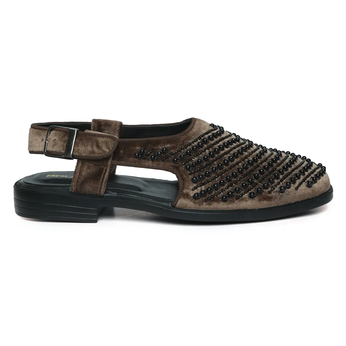 Brown Italian Velvet Beads Work Peshawari Sandals For Men By Brune & Bareskin