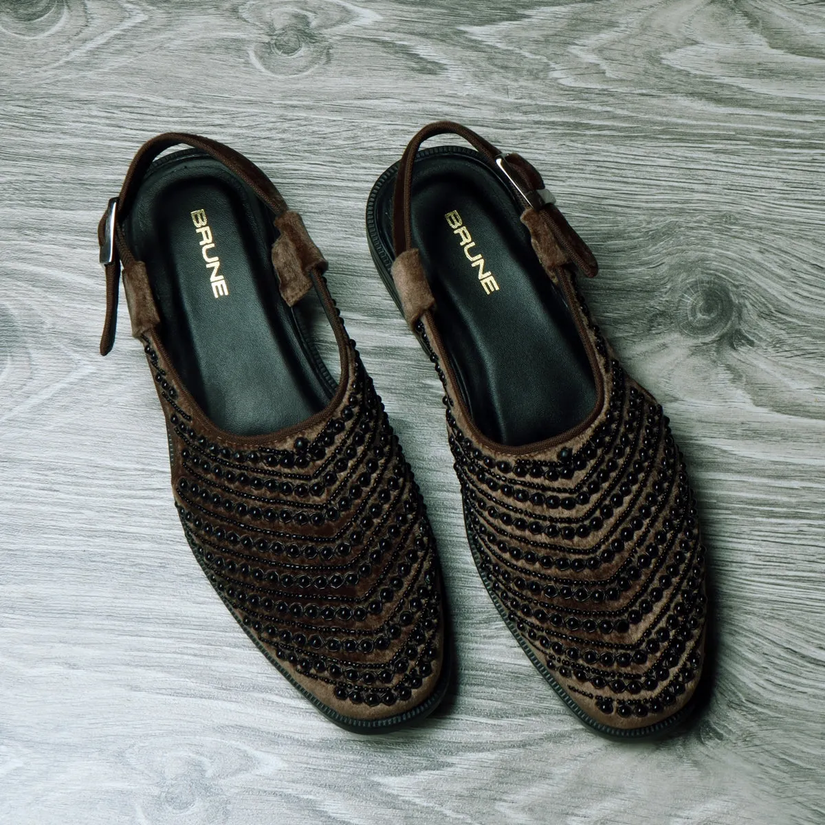 Brown Italian Velvet Beads Work Peshawari Sandals For Men By Brune & Bareskin