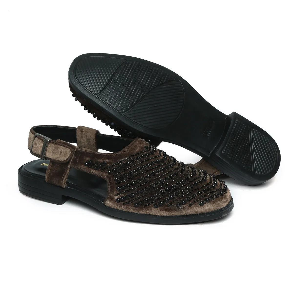 Brown Italian Velvet Beads Work Peshawari Sandals For Men By Brune & Bareskin