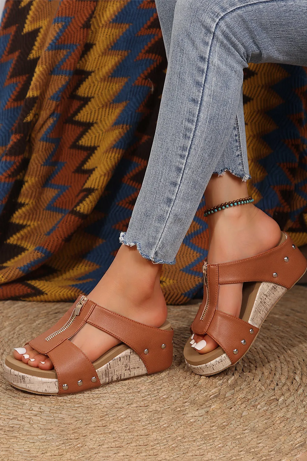 Camel Hollow Out Zipped Studded Wedge Sandals