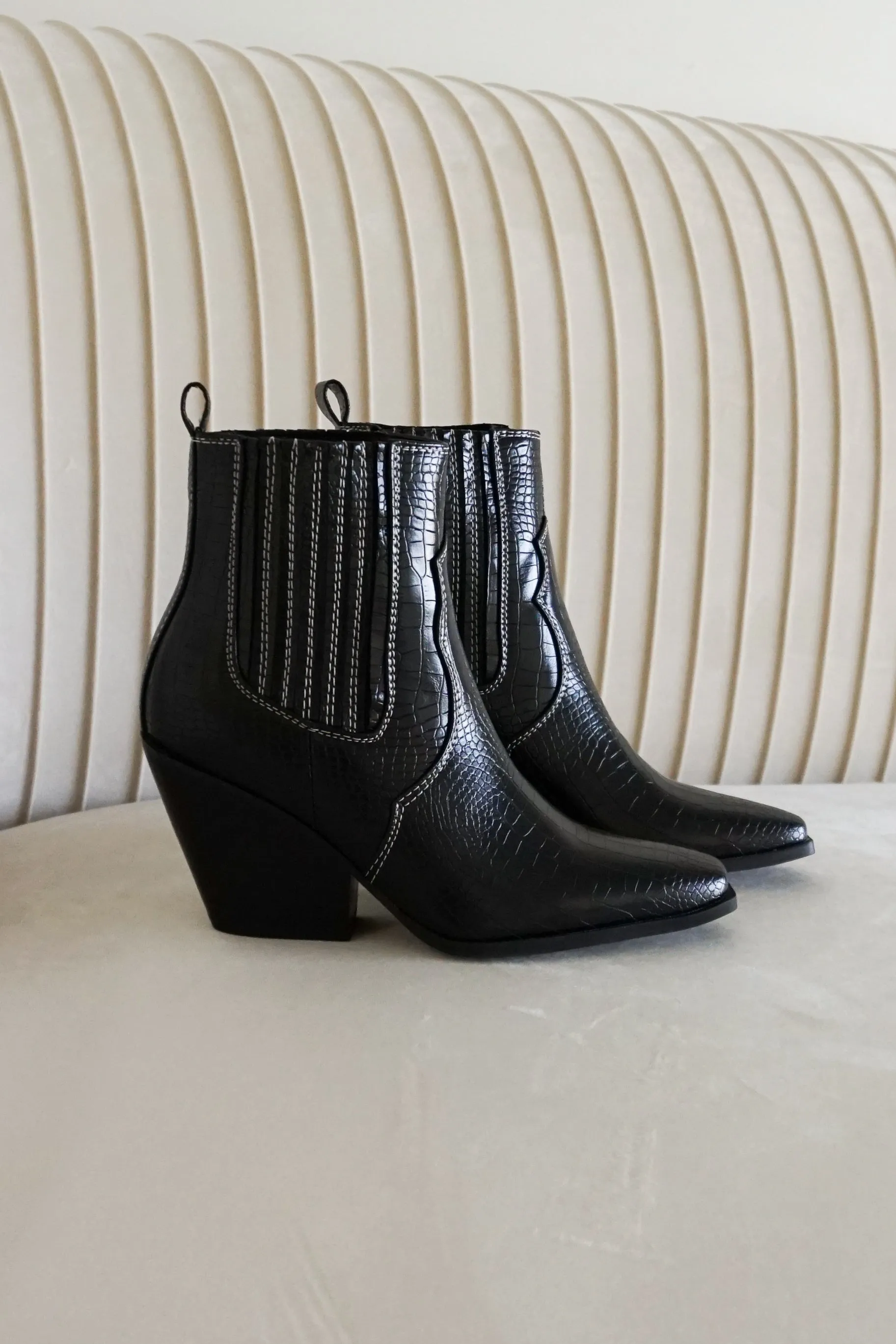 Camille Western Mid Ankle Boot in Black