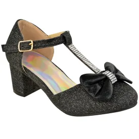 CHAVA KIDS MID HIGH HEEL SANDALS WITH BOW & DIAMANTE DETAIL IN BLACK GLITTER