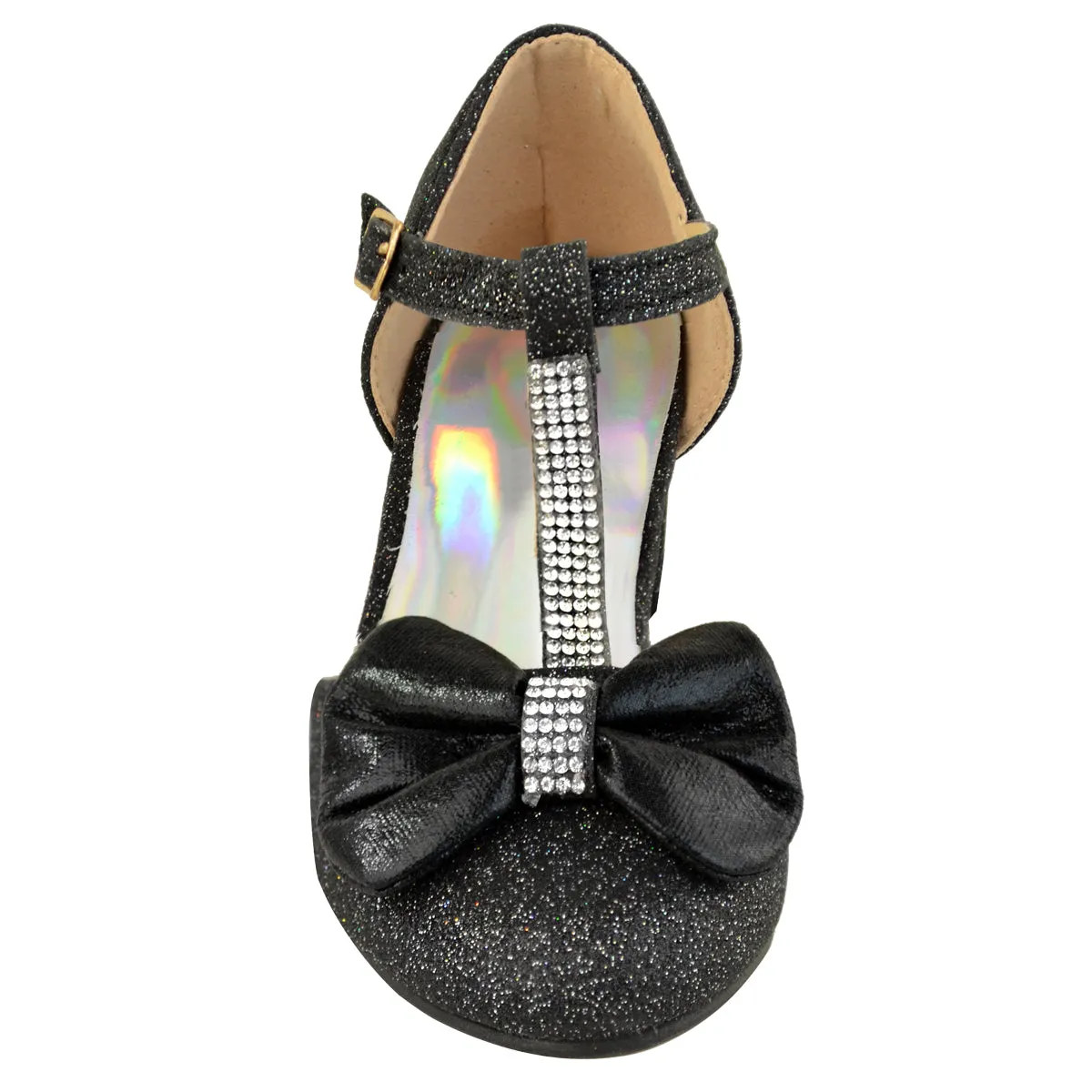 CHAVA KIDS MID HIGH HEEL SANDALS WITH BOW & DIAMANTE DETAIL IN BLACK GLITTER