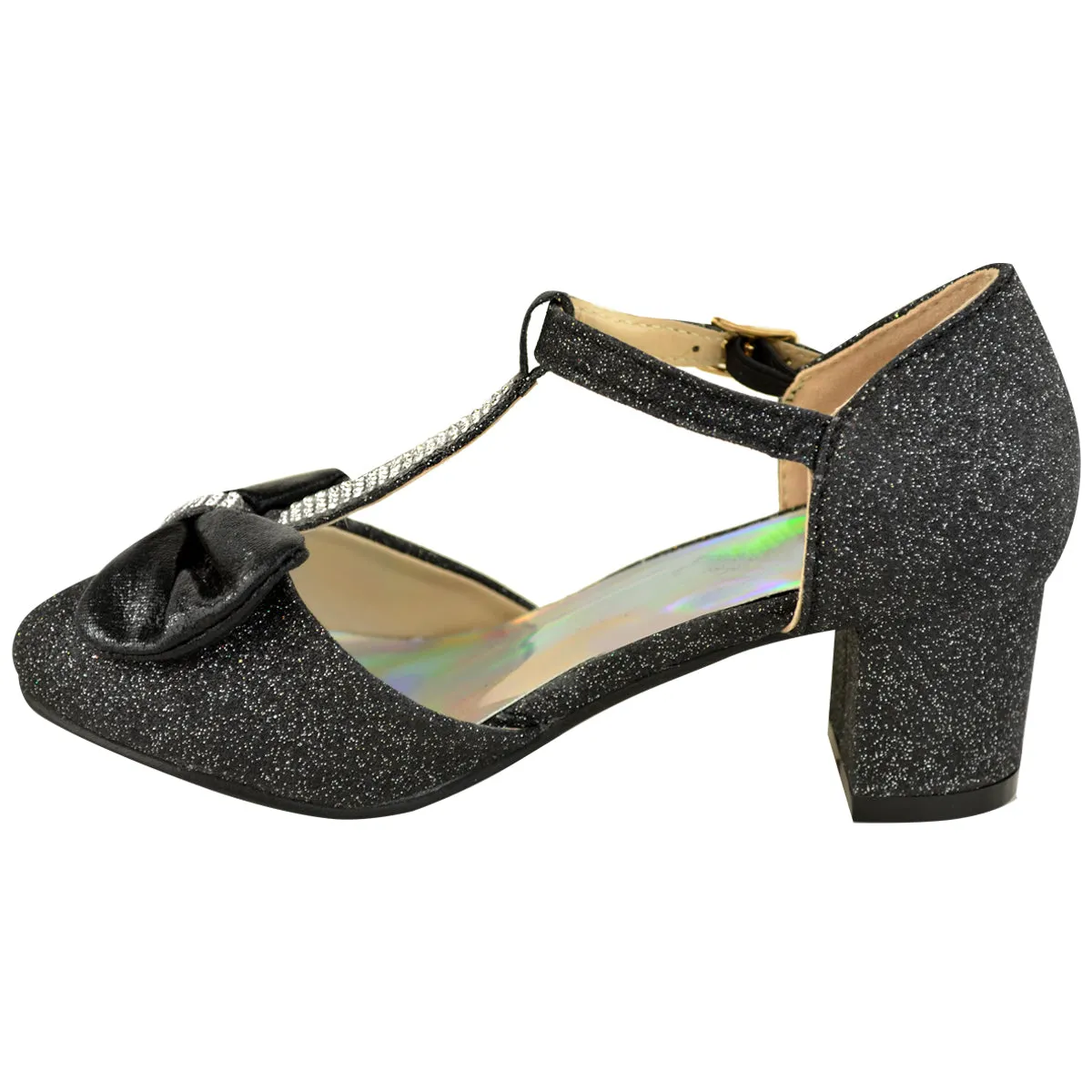 CHAVA KIDS MID HIGH HEEL SANDALS WITH BOW & DIAMANTE DETAIL IN BLACK GLITTER