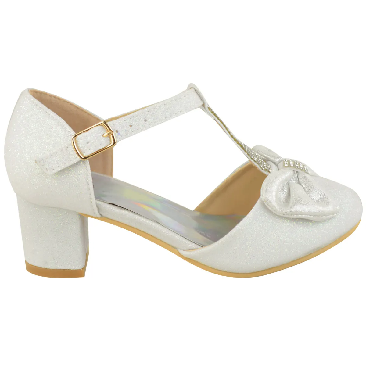 CHAVA KIDS MID HIGH HEEL SANDALS WITH BOW & DIAMANTE DETAIL IN WHITE GLITTER