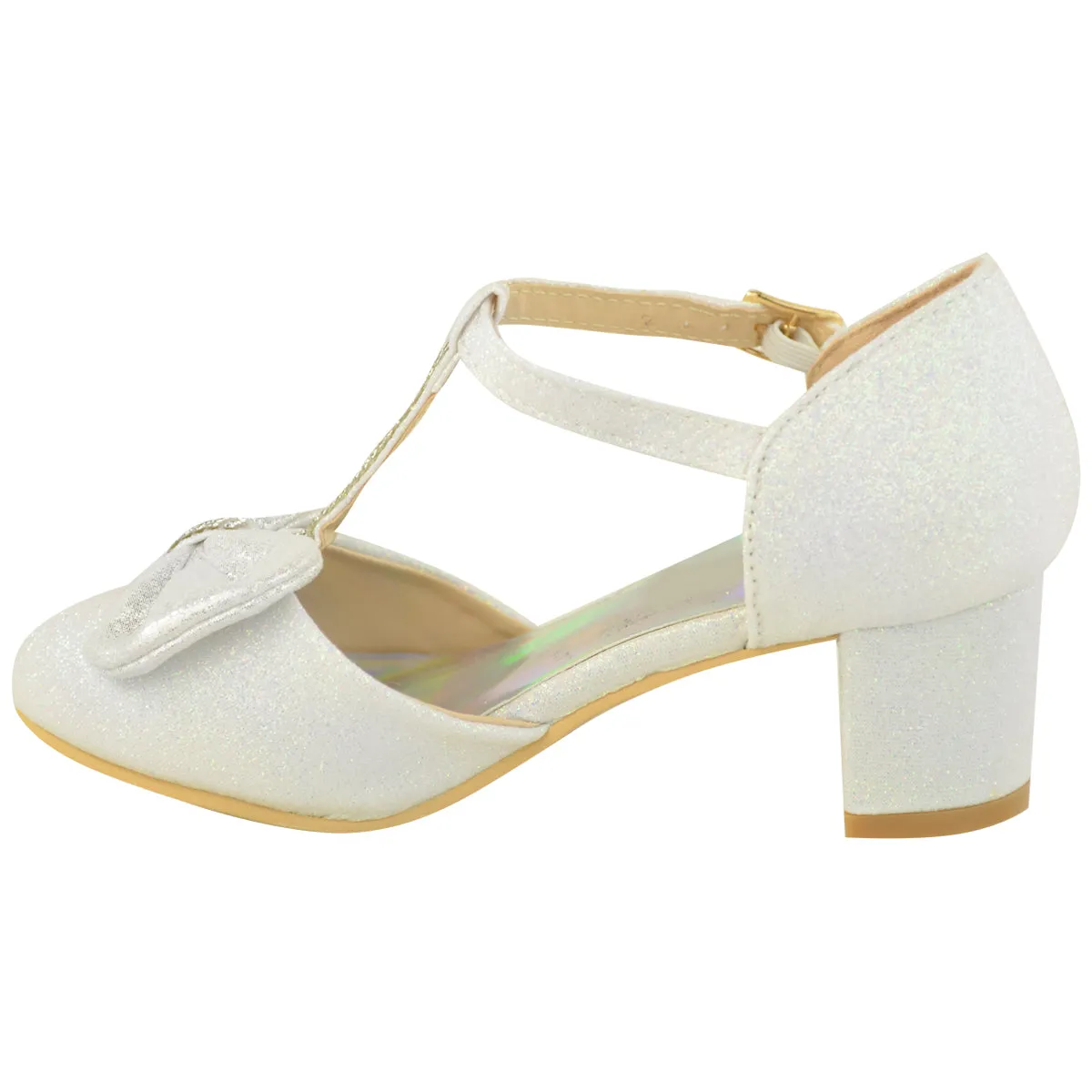 CHAVA KIDS MID HIGH HEEL SANDALS WITH BOW & DIAMANTE DETAIL IN WHITE GLITTER