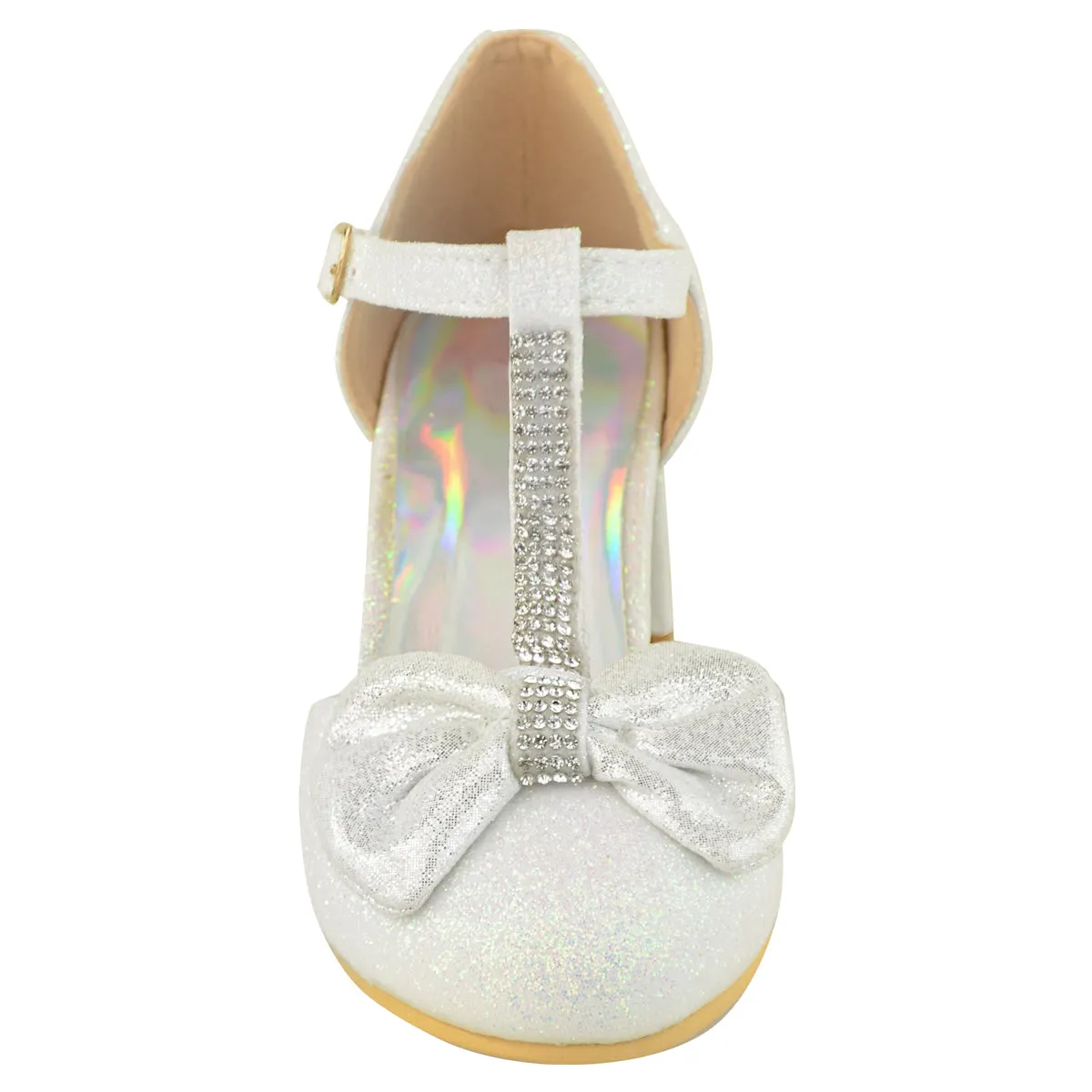 CHAVA KIDS MID HIGH HEEL SANDALS WITH BOW & DIAMANTE DETAIL IN WHITE GLITTER