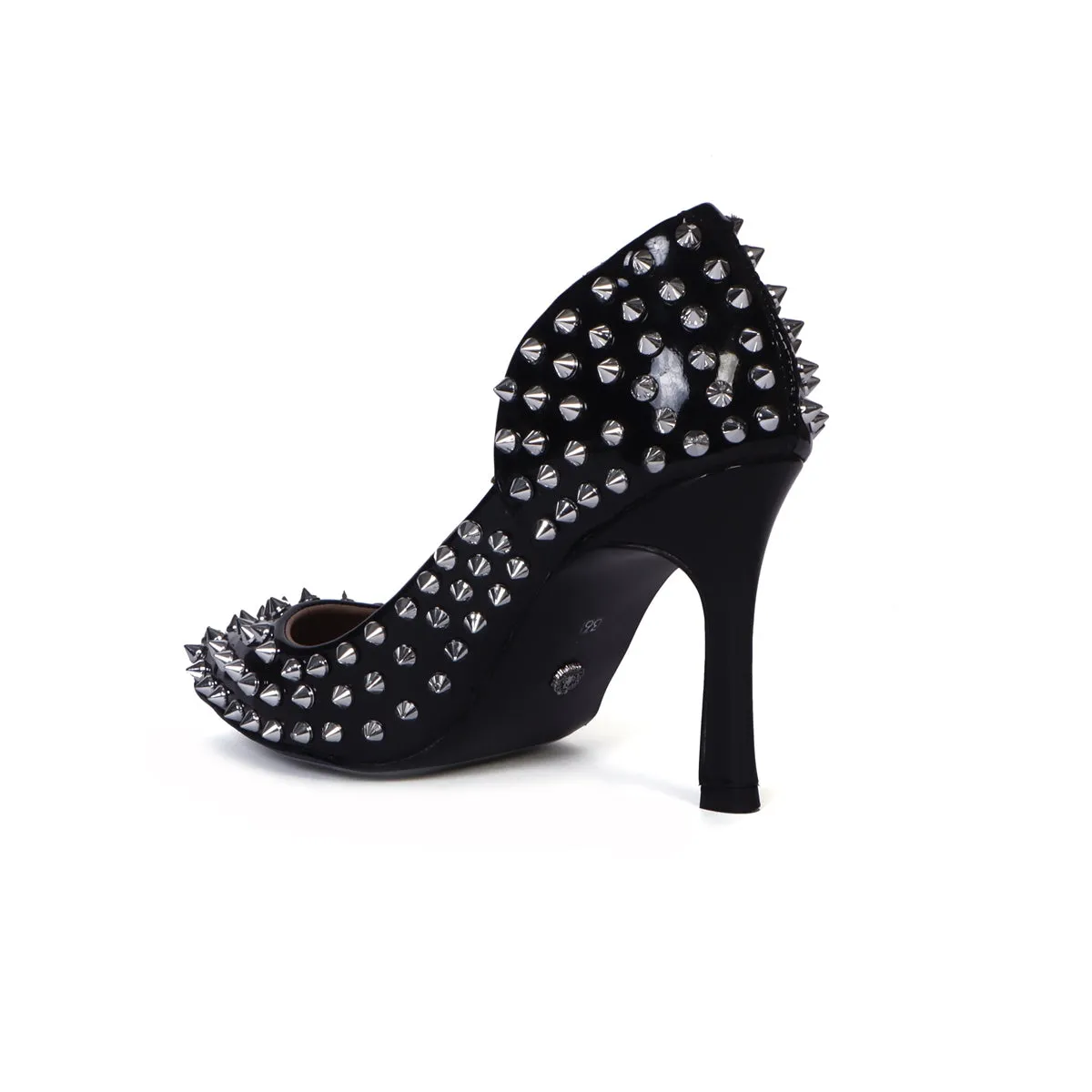 Classy Black Handmade Patent Leather Pointed Toe High Heel With Silver Studs Ladies Footwear By Brune & Bareskin