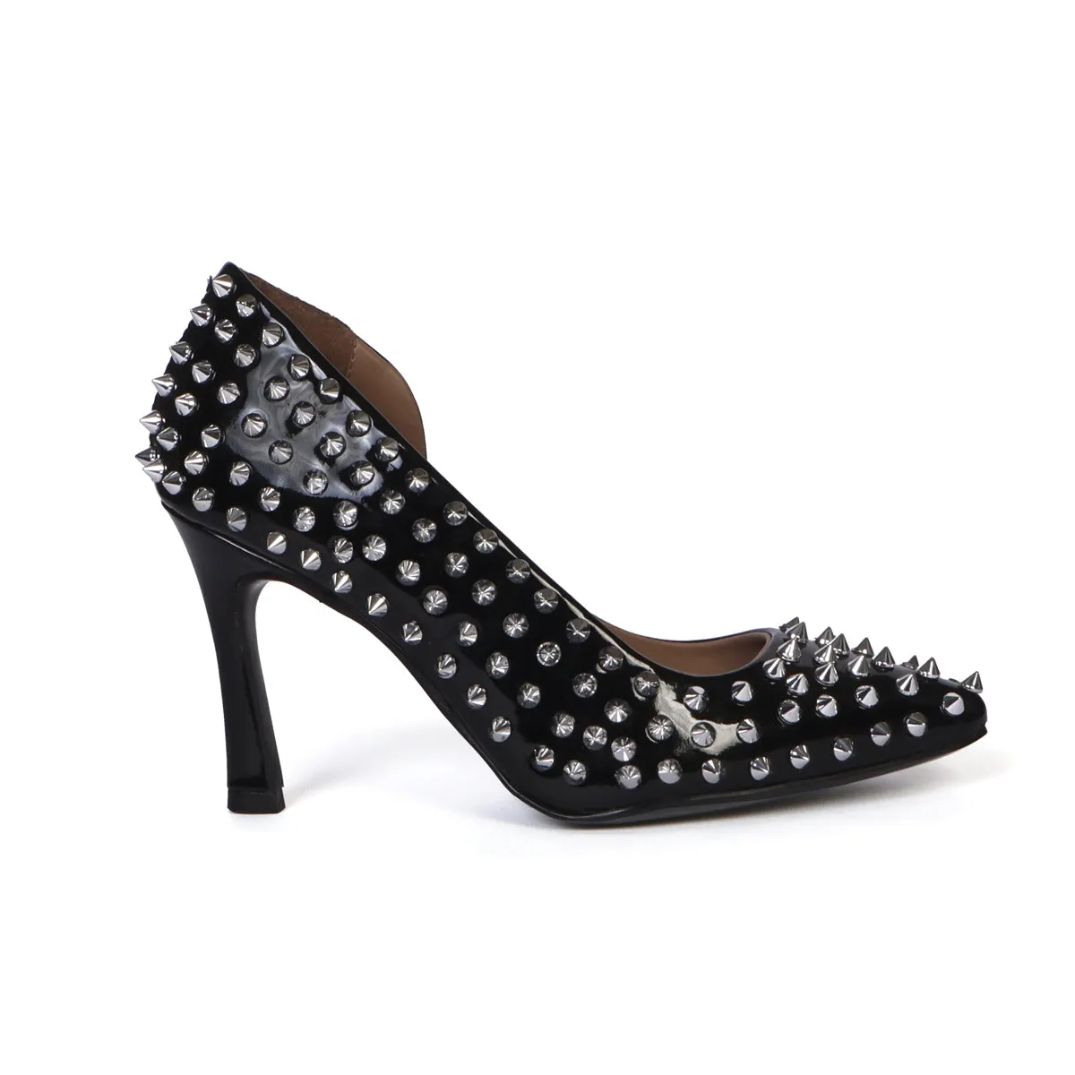 Classy Black Handmade Patent Leather Pointed Toe High Heel With Silver Studs Ladies Footwear By Brune & Bareskin