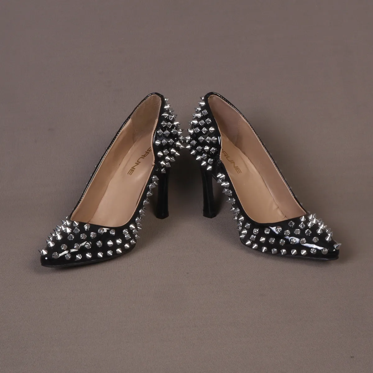 Classy Black Handmade Patent Leather Pointed Toe High Heel With Silver Studs Ladies Footwear By Brune & Bareskin