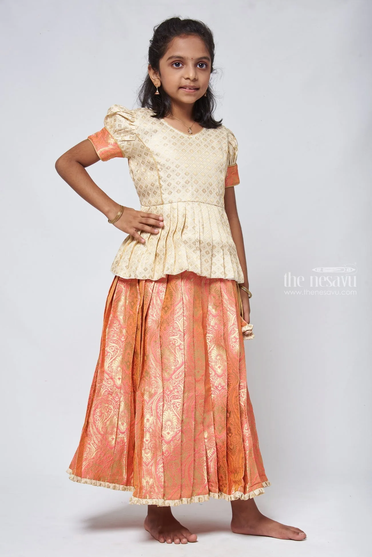 Classy Brocade Beige Peplum Top with Banarasi Salmon Pattu Langa: Authentic Silk Ensemble