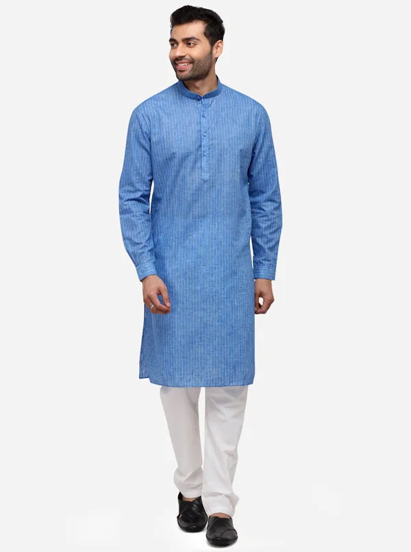 Cobalt Blue Striped Regular Fit Modi Kurta | JadeBlue