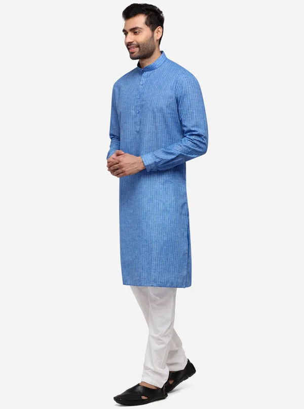 Cobalt Blue Striped Regular Fit Modi Kurta | JadeBlue