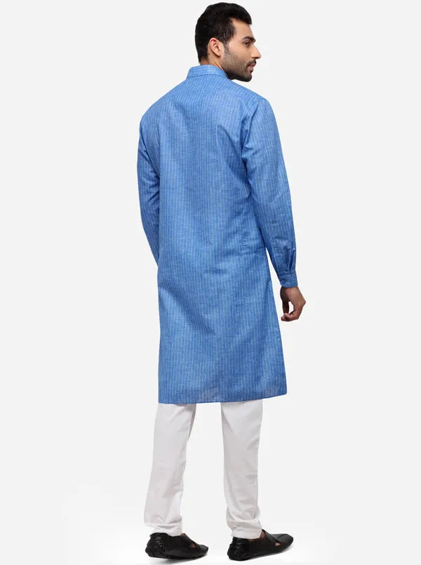 Cobalt Blue Striped Regular Fit Modi Kurta | JadeBlue