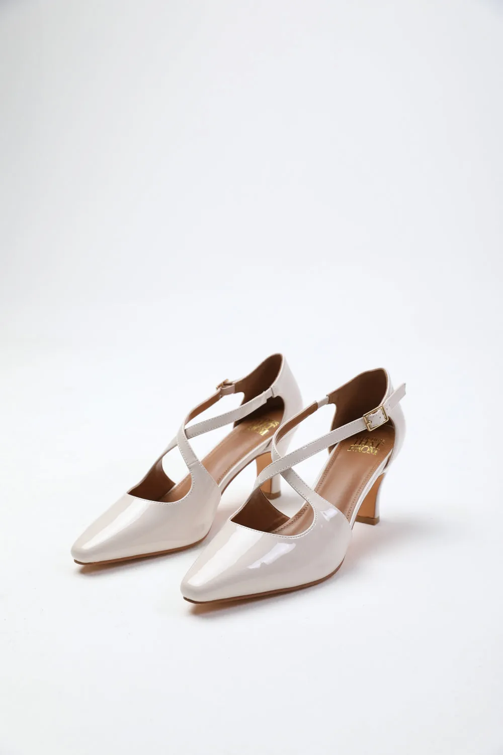 COLORADO CROSS OVER STRAP MID BLOCK HEEL IN CREAM PATENT