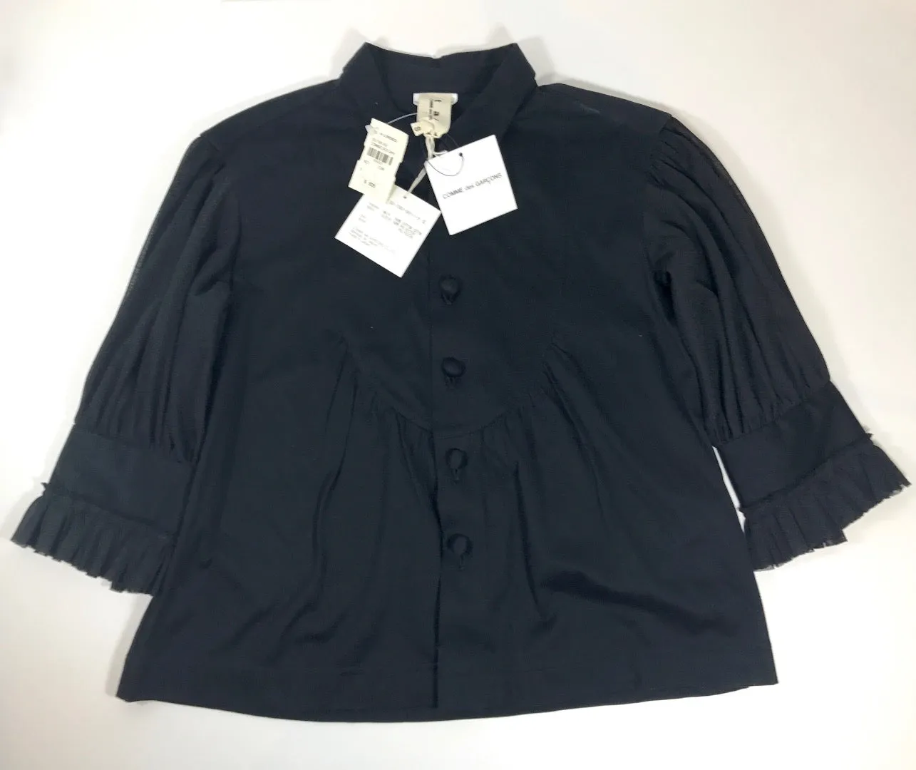 COMME DES GARÇONS Black Bib Front Blouse with Sheer Half Sleeves