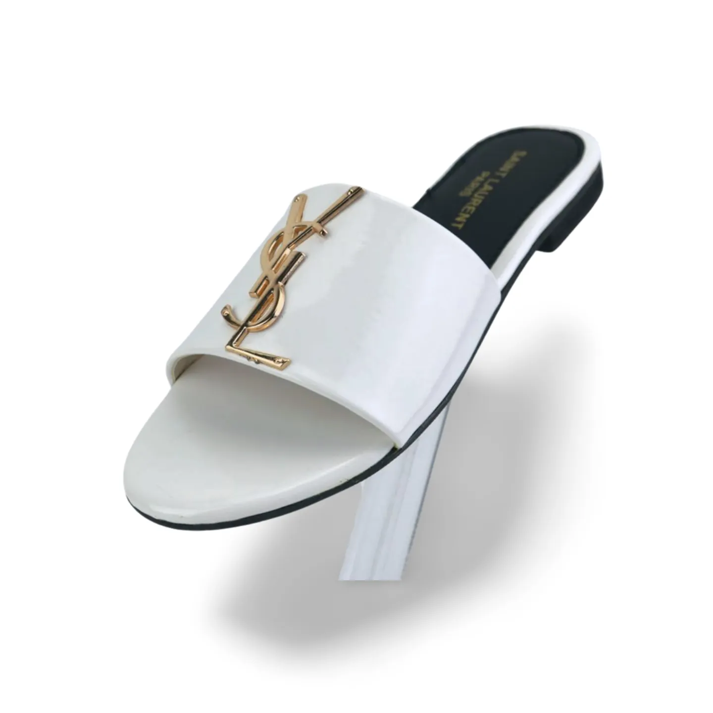 Designer White Sandals with Gold Brand Logo buckle