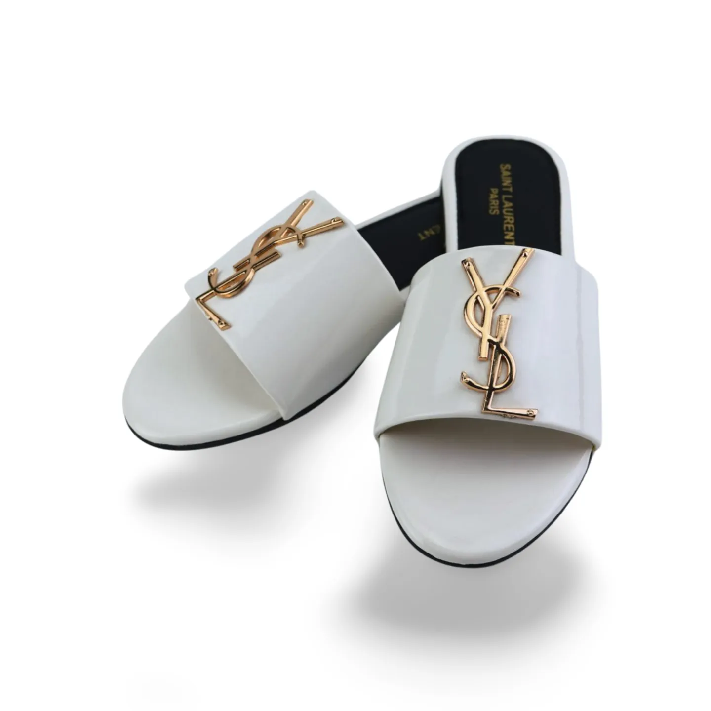 Designer White Sandals with Gold Brand Logo buckle