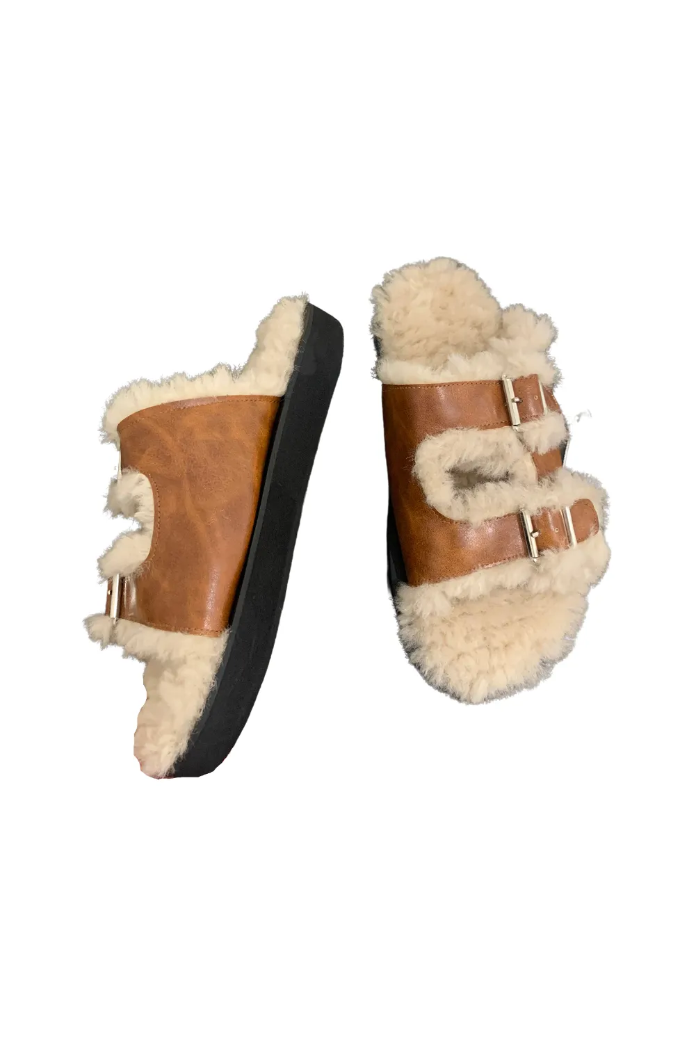 'Dixie' Belt Buckle Fur Sandals (2 Colors)