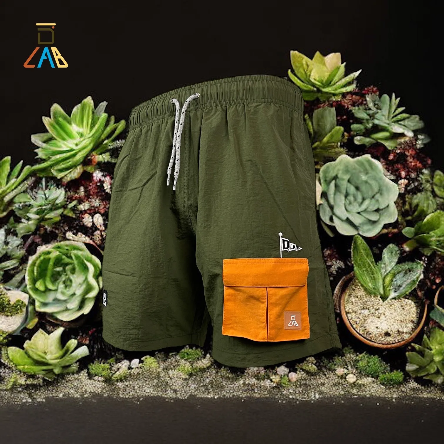 DLAB Hybrid Shorts Olive Green Orange Pocket