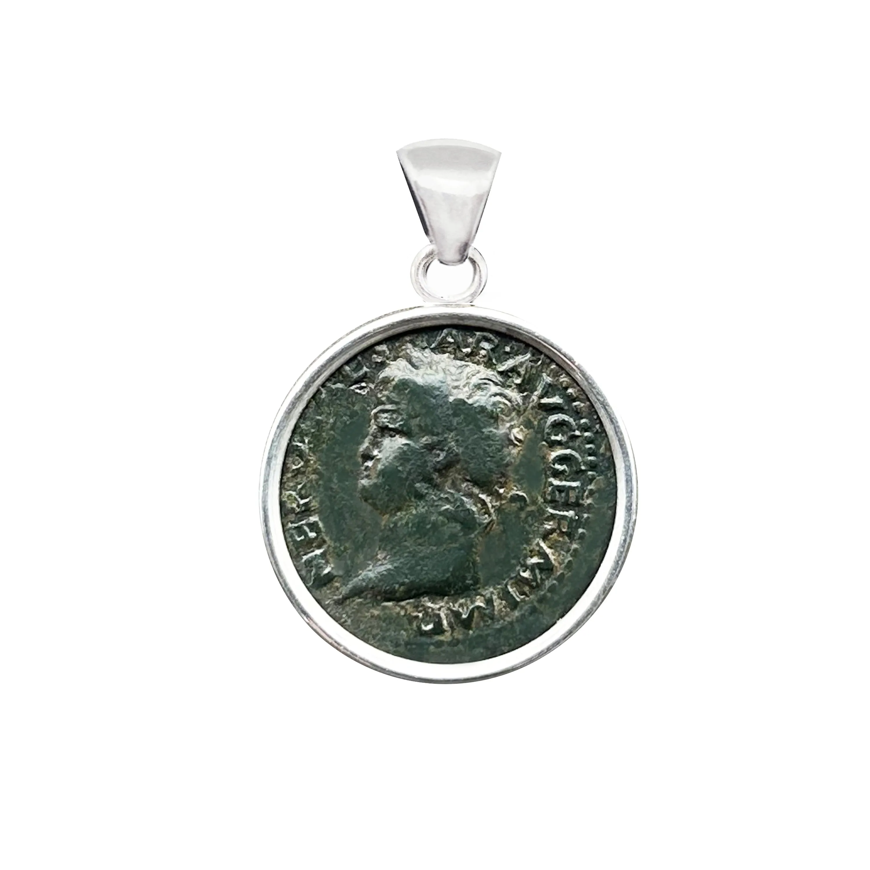 Emperor Nero bronze coin (1st cent.BC ) sterling silver pendant; Victory with shield in the reverse side