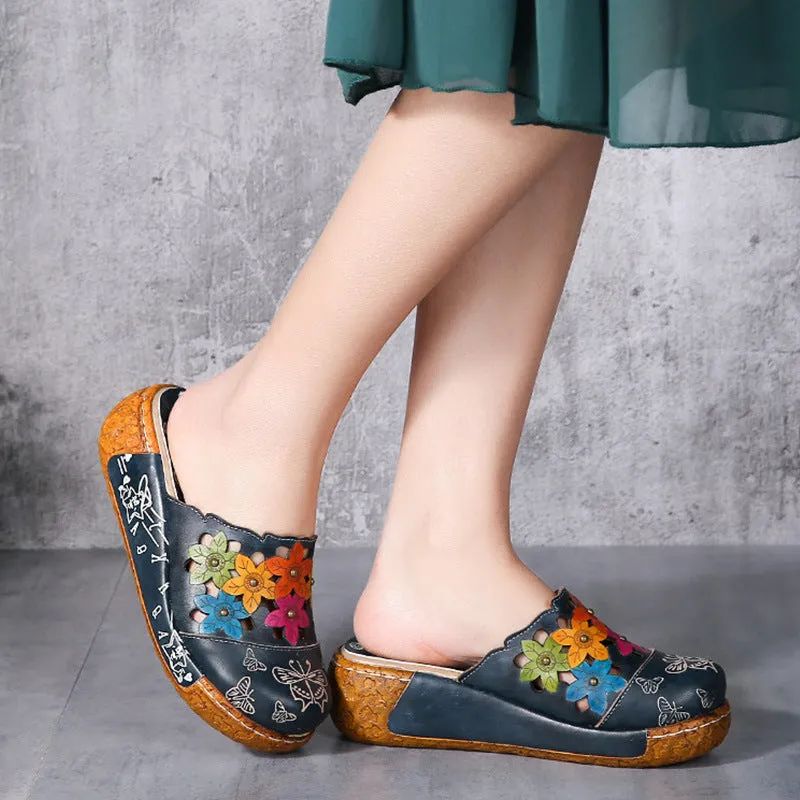 Ethnic Style Flower Retro Platform Slippers (35-42)