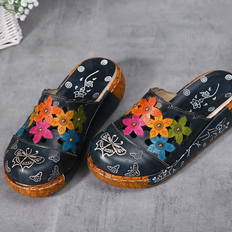 Ethnic Style Flower Retro Platform Slippers (35-42)