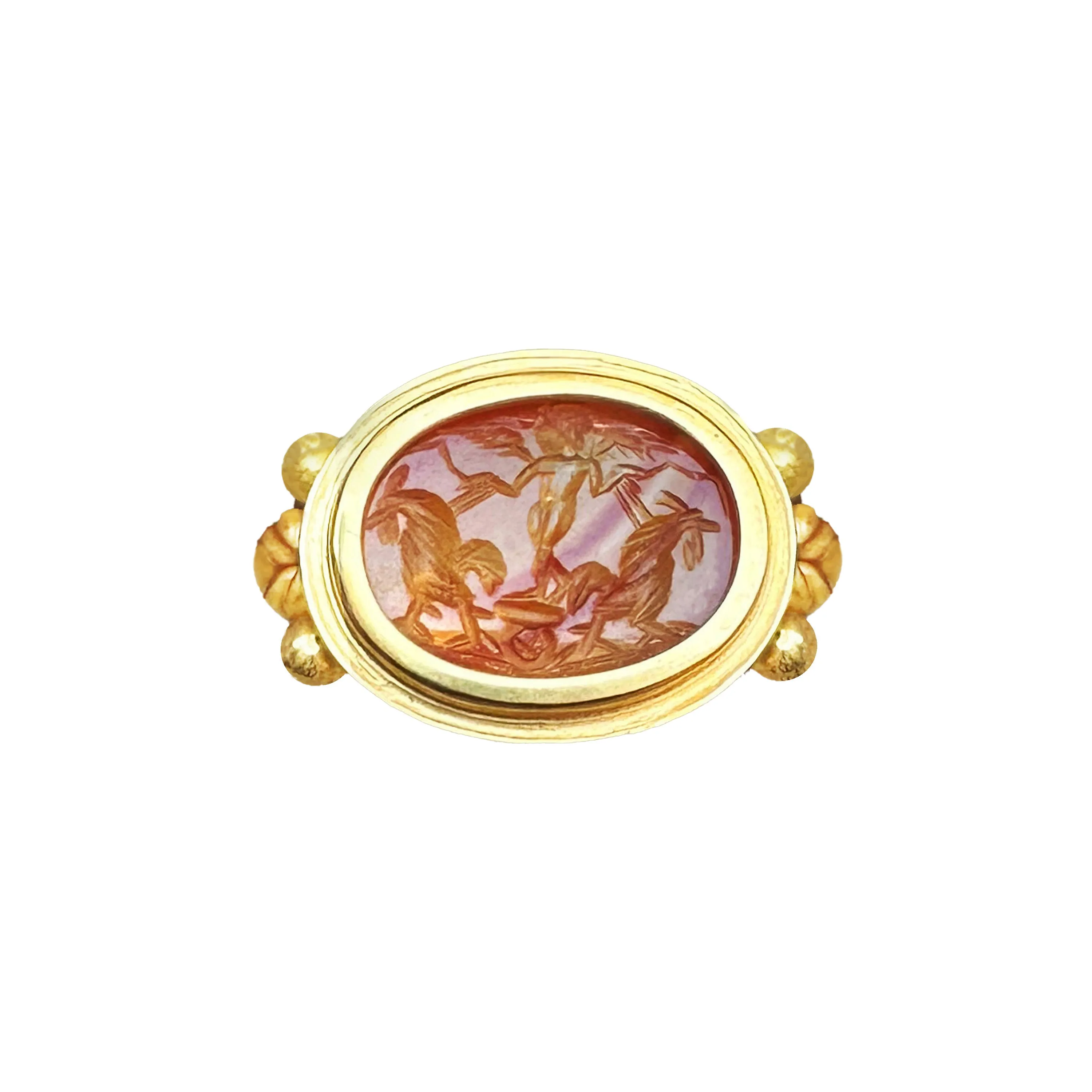 GOD EROS ON A CHARIOT PULLED BY TWO ROOSTERS Authentic Ancient Roman Carnelian Intaglio 1st-2nd cent AD 18Kt Gold Ring