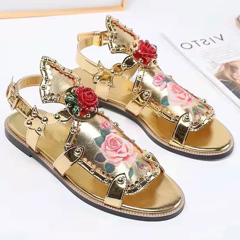 Gold Flower Gladiator Sandals Woman Open Toe High Heels Flat Party Shoes