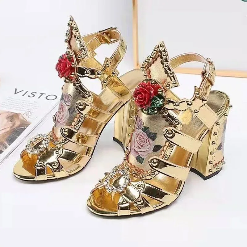 Gold Flower Gladiator Sandals Woman Open Toe High Heels Flat Party Shoes