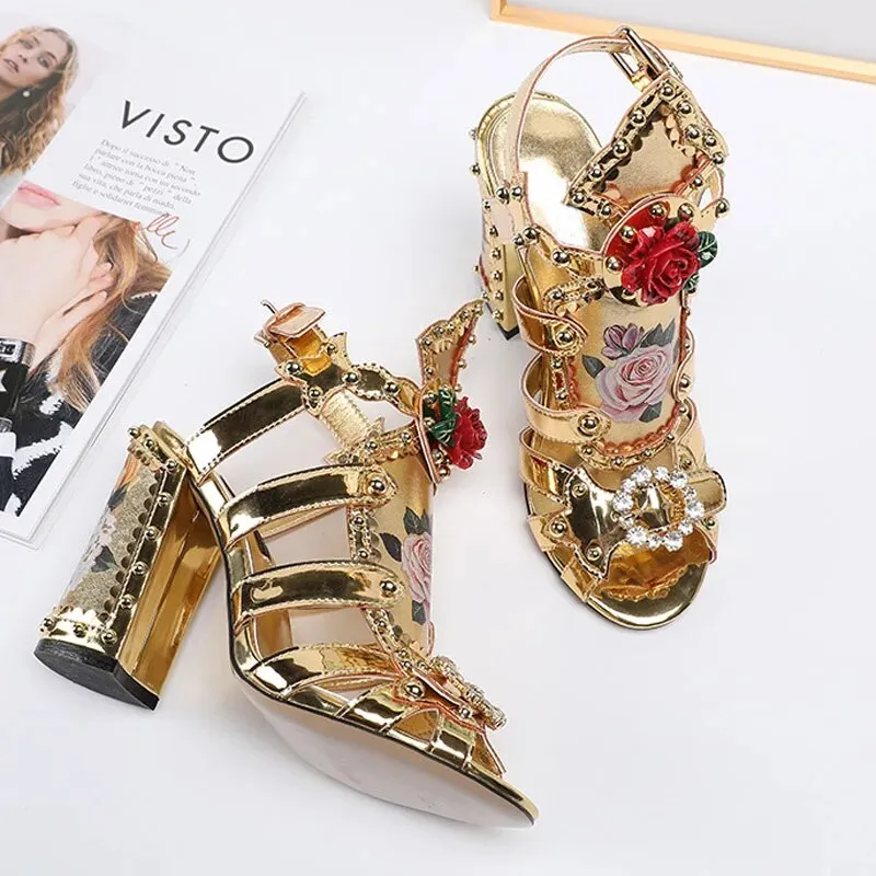 Gold Flower Gladiator Sandals Woman Open Toe High Heels Flat Party Shoes