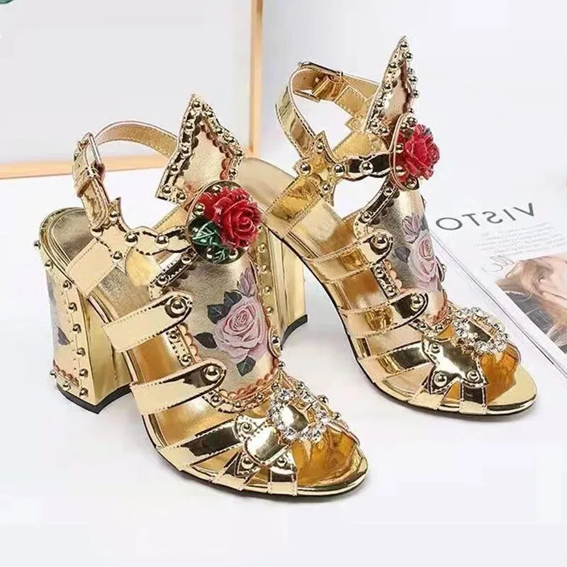 Gold Flower Gladiator Sandals Woman Open Toe High Heels Flat Party Shoes