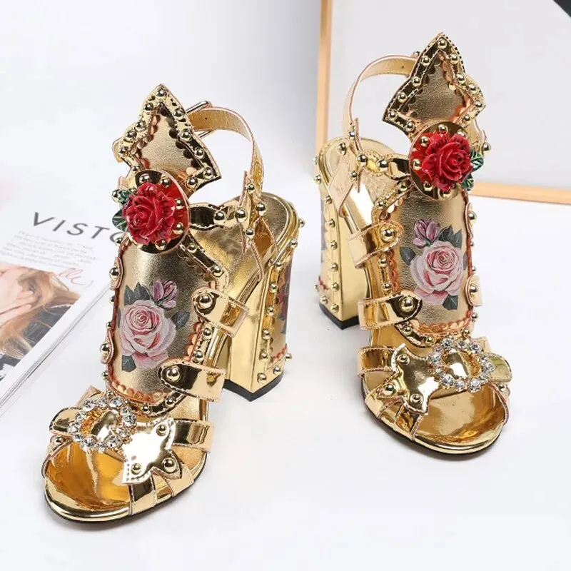 Gold Flower Gladiator Sandals Woman Open Toe High Heels Flat Party Shoes