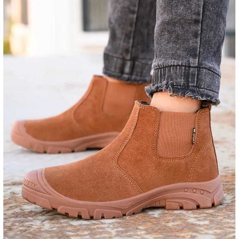 Groovywish Anti-smashing Men Work Ankle Boots Suede Steel Toe Orthopedic Shoes