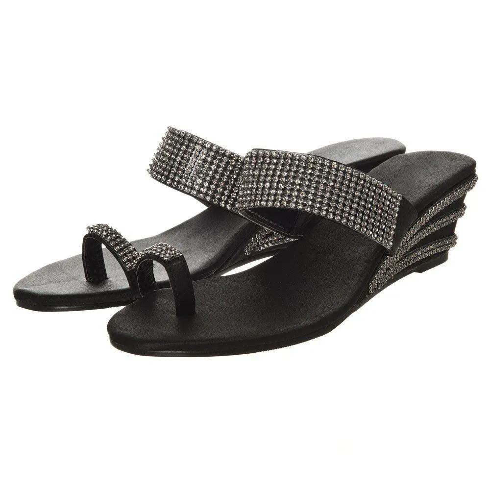 Jasmine Low Wedge Diamante Mule Sandal with Toe Ring