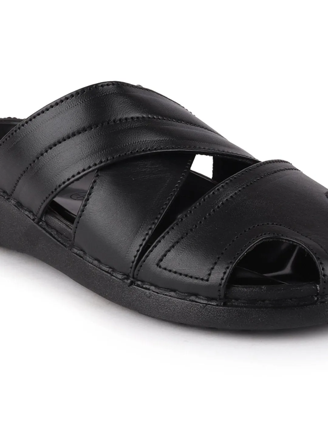 Men Black Formal Leather Slip-On Flat Sandals