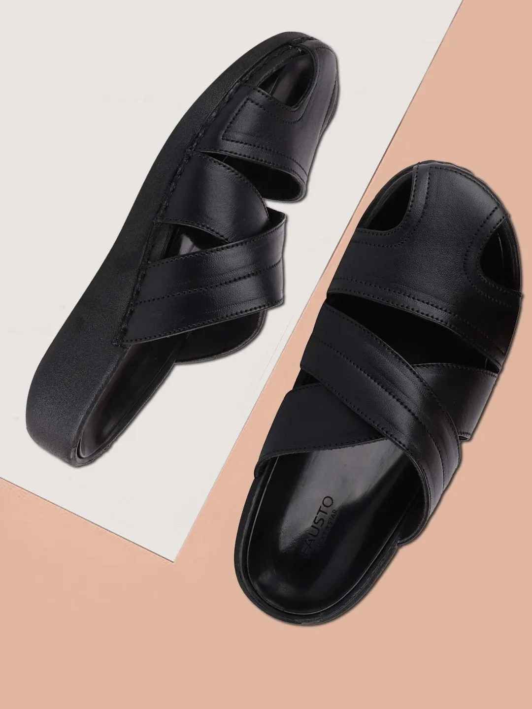 Men Black Formal Leather Slip-On Flat Sandals