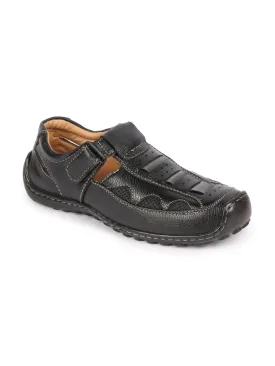 Men Black Genuine Leather Breathable Comfort PU Pad Insole Hook and Loop Roman Sandals