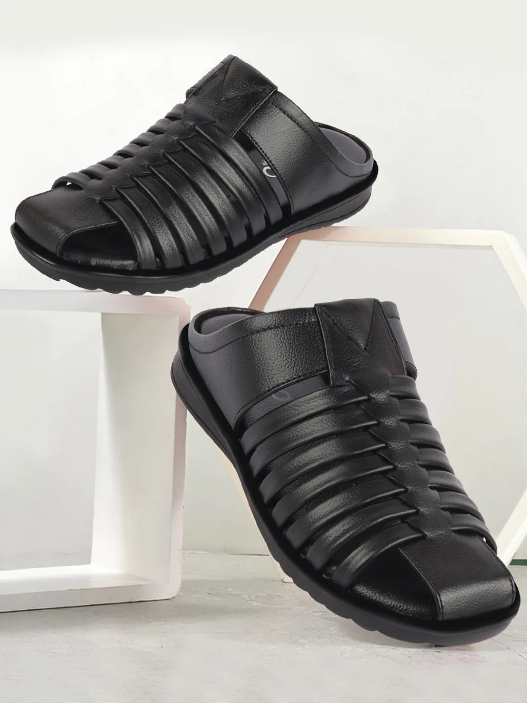 Men Black Genuine Leather Criss Cross Strap Back Open Slip On Closed Toe Dress Sandals