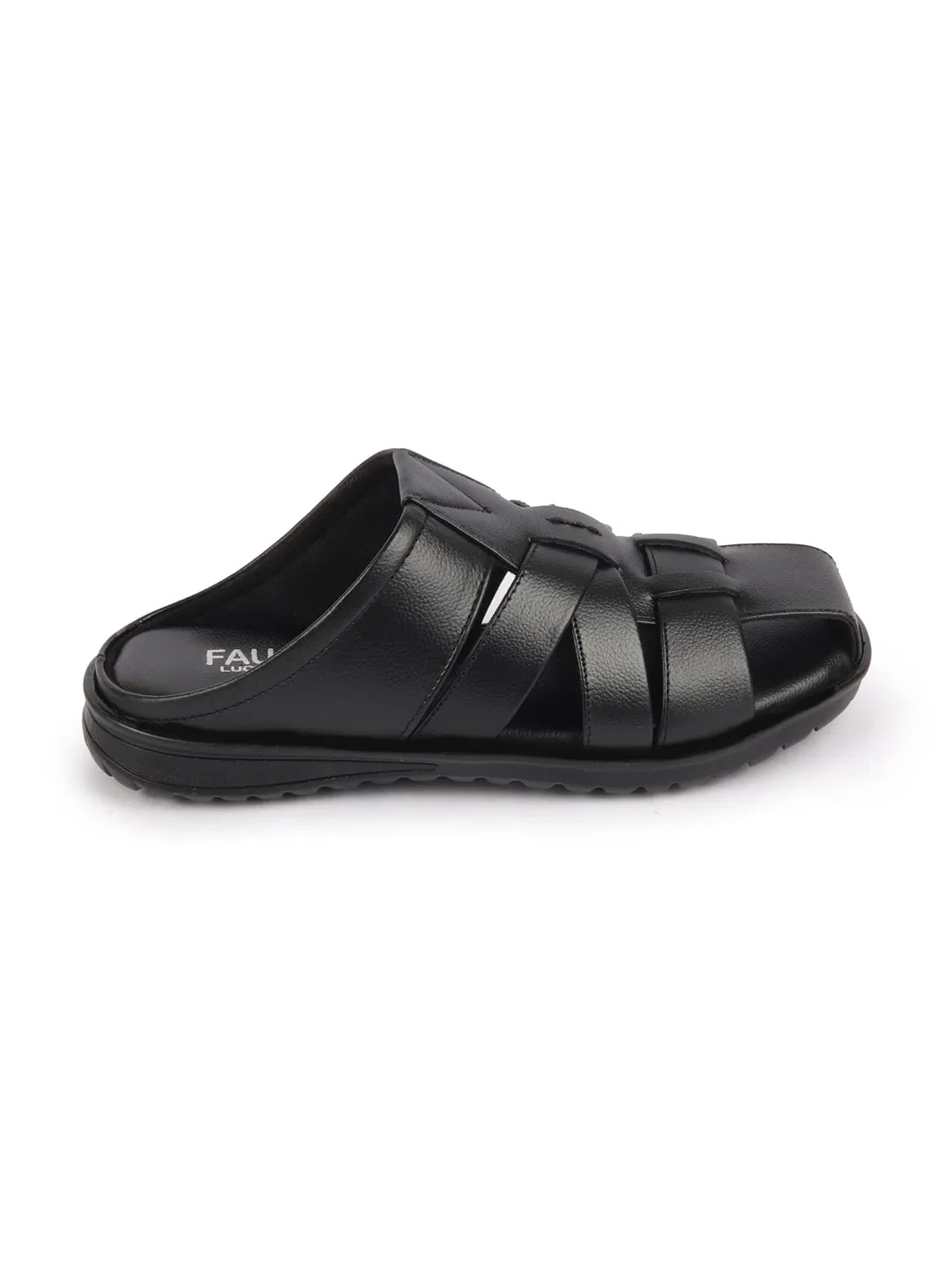 Men Black Genuine Leather Criss Cross Strap Back Open Slip On Closed Toe Dress Sandals